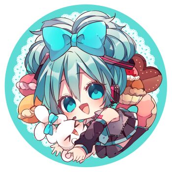 1girl :d bare_shoulders black_boots black_skirt black_sleeves blue_background blue_bow blue_eyes blue_hair blue_necktie blush boots bow chibi chibi_only cinnamiku cinnamoroll collared_shirt commentary_request cupcake detached_sleeves donut double-parted_bangs food full_body fuwa_fuwa_cinnamoroll hair_between_eyes hair_bow hatsune_miku kaho_0102 long_sleeves looking_at_viewer macaron miniskirt necktie number_tattoo open_mouth pleated_skirt sanrio shirt short_hair shoulder_tattoo skirt sleeveless sleeveless_shirt smile solo tattoo thigh_boots twintails updo vocaloid
