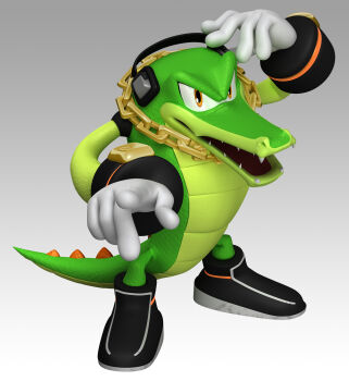 1boy 3d absurdres arm_up black_shoes chain chain_necklace colored_skin crocodilian crocodilian_tail full_body furry furry_male gloves gold_chain gradient_background green_skin grey_background hand_on_own_head hand_up headphones highres jewelry looking_at_viewer male_focus mario_&amp;_sonic_(series) mario_&amp;_sonic_at_the_olympic_games_(2007) multicolored_skin necklace official_art open_mouth orange_eyes pointing pointing_at_viewer reptile_boy sharp_teeth shoes simple_background snout solo sonic_(series) standing tail teeth third-party_source two-tone_skin vector_the_crocodile white_gloves