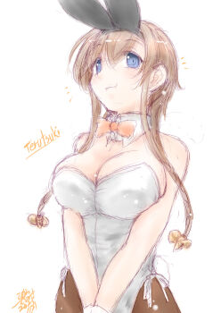 1girl animal_ears bare_shoulders breasts brown_pantyhose character_name cleavage commentary_request cowboy_shot fake_tail hair_ornament highleg highleg_leotard kantai_collection koshigaya_tatsumi large_breasts leotard long_hair looking_at_another looking_at_viewer own_hands_together pantyhose playboy_bunny propeller_hair_ornament rabbit_ears rabbit_tail signature sketch smile solo tail teruzuki_(kancolle) v_arms very_long_hair white_leotard