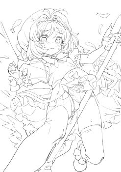 Rule 34 | blush, cameltoe, cardcaptor sakura, dress, dripping, fuuin no tsue, grinding, grinding over clothes, hat, highres, kinomoto sakura, kinomoto sakura (magician), looking down, monochrome, oyadi, panties, pantyshot, puffy short sleeves, puffy sleeves, pussy juice, ribbon, short sleeves, staff, sweat, thighhighs, underwear