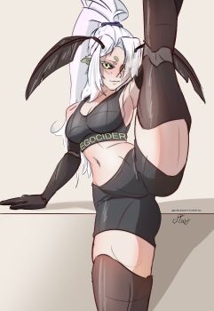 absurdres antennae arthropod_girl breasts chitin crunchytoast33 highres indie_virtual_youtuber insect_girl juniper_actias large_breasts long_legs moth_antennae moth_girl ponytail signature simple_background split sportswear standing standing_on_one_leg standing_split virtual_youtuber white_hair