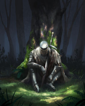 1boy against_tree armor arrow_(projectile) arrow_in_body blood bloody_weapon chainmail cloak commentary covered_face curled_fingers dark dark_souls_(series) dark_souls_ii elbows_on_knees english_commentary forest full_body gauntlets grass greaves heide_knight helm helmet hunched_over injury knees_up knight light_rays long_sword looking_down male_focus merchandise_available moss nature on_ground pauldrons planted planted_sword planted_weapon plate_armor poleyn sabaton shoulder_armor sitting solo straight-on sword torn_cloak torn_clothes tree vertigris weapon white_cloak