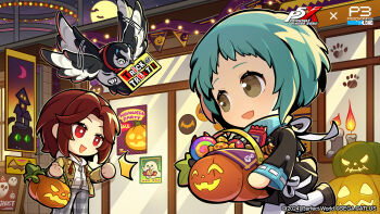 1boy 1girl absurdres aqua_hair artist_request bat_(animal) bird brown_eyes brown_hair candle candy chibi food gekkoukan_high_school_uniform halloween_bucket highres holding holding_halloween_bucket hood hoodie in-franchise_crossover jack-o'-lantern kamishiro_nagisa kokatsu_academy_school_uniform lufel_(owl)_(p5x) lufel_(p5x) moon official_art open_mouth owl pants pennant persona persona_3 persona_3_reload persona_5 persona_5:_the_phantom_x plaid_clothes plaid_pants red_eyes school_uniform skirt smile star_(sky) third-party_source trick_or_treat yamagishi_fuuka