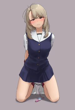 1girl arms_behind_back blonde_hair blush bound breasts collarbone cuffs dochi_(dosa_dosa_dosa) egg_vibrator grey_eyes handcuffs highres kneeling medium_breasts original pleated_skirt restrained sailor_collar sex_toy shackles skirt socks spread_legs sweatdrop vest vibrator white_socks