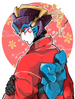 1girl alternate_costume autobot blue_eyes female_focus highres japanese_clothes kimono lips looking_at_viewer machine mecha_girl no_humans solo transformers wide_sleeves windblade
