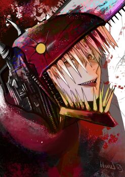 1boy @_(symbol) artist_name blonde_hair blood brown_eyes chainsaw chainsaw_devil chainsaw_man dated demon demon_horns denji_(chainsaw_man) hashtag-only_commentary highres horns intestine_clothing intestines luwdd sharp_teeth signature teeth tongue tongue_out