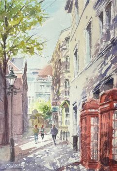 Rule 34 | building, commentary request, day, echowater, highres, lamppost, original, outdoors, painting (medium), people, scenery, shadow, signature, traditional media, tree, urban, watercolor (medium)