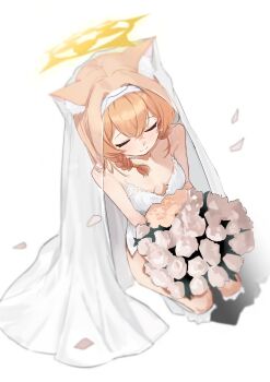 1girl alternate_costume animal_ear_fluff animal_ears blue_archive blurry bouquet braid breasts bridal_veil closed_eyes closed_mouth commentary_request depth_of_field dress flower fox_ears from_above hairband halo highres holding holding_bouquet kneeling long_hair mal0 mari_(blue_archive) orange_hair side_braid simple_background small_breasts smile solo veil wedding_dress white_background white_dress white_hairband yellow_halo