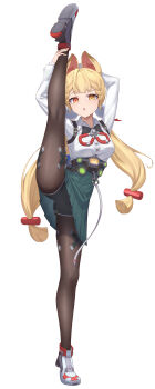 1girl :o absurdres alice_thymefield animal_ears black_pantyhose braid breasts full_body hair_ornament heterochromia highres long_hair looking_at_viewer medium_breasts orange_eyes pantyhose red_eyes shixi shoes shorts shorts_under_skirt simple_background sneakers solo sphere_hair_ornament split standing standing_on_one_leg standing_split twintails white_background zenless_zone_zero