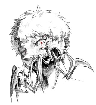 Rule 34 | 1boy, adam's apple, body horror, commentary request, cropped head, extra eyes, highres, hikaru ga shinda natsu, indou hikaru, korean commentary, looking at viewer, male focus, mam memi, portrait, red pupils, short hair, solo, spot color