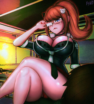 1girl adjusting_eyewear artist_name bear_hair_ornament black_bra black_choker black_jacket blue_eyes blush bra bra_peek breasts bursting_breasts ceiling chair chalkboard choker classroom cleavage crossed_legs curvy danganronpa:_trigger_happy_havoc danganronpa_(series) desk enoshima_junko feet_out_of_frame female_focus fingernails fyk0 glasses hair_ornament hand_on_eyewear high_ponytail highres holding holding_removed_eyewear huge_breasts indoors jacket lips lipstick long_hair looking_at_another looking_at_viewer makeup multicolored_neckwear nail_polish necktie on_desk opaque_glasses orange_hair panties pantyshot partially_opaque_glasses ponytail red_hair red_nails red_panties red_skirt rimless_eyewear school school_chair school_desk serious shiny_skin signature sitting skirt sleeves_rolled_up square_glasses star_(symbol) sunlight teacher three-quarter_sleeves two-tone_bra underwear unworn_eyewear window