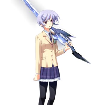 1girl annoyed black_pantyhose blazer blue_hair bow bowtie brown_jacket chaos;head collared_shirt d-sword dress_shirt game_cg holding holding_sword holding_weapon jacket kishimoto_ayase lapels looking_at_viewer matsuo_yukihiro miniskirt necktie notched_lapels official_art open_mouth over_shoulder pantyhose petticoat pink_eyes plaid_clothes plaid_necktie plaid_skirt pleated_skirt purple_bow purple_bowtie purple_skirt school_emblem school_uniform science_adventure serious shirt skirt solo sprite suimei_academy_school_uniform sword sword_over_shoulder transparent_background weapon weapon_over_shoulder white_shirt