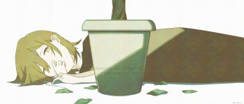 1girl absurdres adversarial_noise black_shirt blanket brown_hair commentary_request dated film_grain grey_eyes hair_between_eyes highres leaf looking_at_viewer lying mixed-language_text on_side original plant potted_plant sankakkee shadow shirt short_hair sidelocks simple_background solo twitter_username watermark white_background