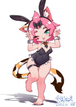 1girl ;p absurdres alternate_costume animal_ear_fluff animal_ear_hairband animal_ears bangs_pinned_back barefoot black_leotard blush breasts cameltoe cat_ears cat_girl cat_tail covered_navel dated detached_collar diona_(genshin_impact) fake_animal_ears forehead frilled_leotard frills full_body genshin_impact gluteal_fold green_eyes hairband highres huanchuang10772 leotard looking_at_viewer multicolored_tail nail_polish nontraditional_playboy_bunny one_eye_closed paw_pose pink_hair rabbit_ear_hairband rabbit_ears short_hair signature small_breasts smile solo strapless strapless_leotard tail thick_eyebrows thigh_gap thigh_strap toenail_polish toenails tongue tongue_out white_background wrist_cuffs