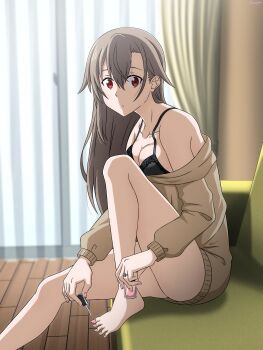 1girl absurdres bare_legs bare_shoulders barefoot bra breasts brown_hair commentary_request couch eydis_(sao) feet hair_between_eyes highres lace lace-trimmed_bra lace_trim long_hair looking_at_viewer medium_breasts mysteryctu nail_polish red_eyes sweater sword_art_online sword_art_online:_alicization sword_art_online:_unleashed_blading toenail_polish toenails toes underwear