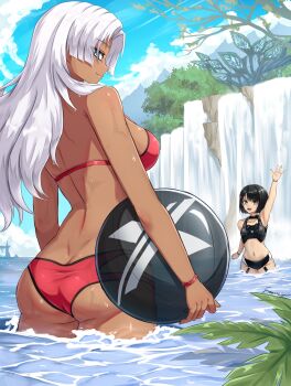 2girls ass ball beachball bikini black_bikini black_hair breasts brown_eyes butt_crack dark_skin elma_(xenoblade_x) fgsketch grey_eyes hair_ornament highres large_breasts lin_lee_koo long_hair looking_at_viewer looking_back multiple_girls navel open_mouth red_bikini scenery short_hair small_breasts smile standing swimsuit wading water waterfall waving_arm wet white_hair xenoblade_chronicles_(series) xenoblade_chronicles_x