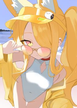 1girl above-cleavage_cutout absurdres adjusting_eyewear animal_ear_fluff animal_ears bare_shoulders blonde_hair blue_archive blue_sky breasts clothing_cutout finger_on_eyewear fox_ears halo highleg highleg_one-piece_swimsuit highres jacket long_hair long_sleeves official_alternate_costume official_alternate_hairstyle one-piece_swimsuit orange-tinted_eyewear outdoors rotroto seia_(blue_archive) seia_(swimsuit)_(blue_archive) sky small_breasts solo sunglasses swimsuit tinted_eyewear visor_cap water white_one-piece_swimsuit yellow_halo yellow_jacket