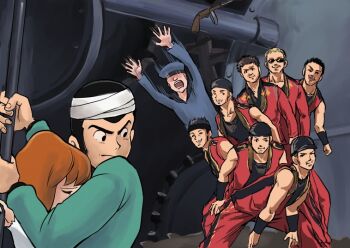 1girl 6+boys arsene_lupin_iii bandages castle_of_cagliostro choo_choo_train clarisse_de_cagliostro gears green_jacket jacket looking_back lupin_iii monbetsu_kuniharu monkuni multiple_boys parody smile