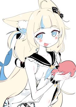 Rule 34 | 1girl, ahoge, animal, animal ear fluff, animal ears, bikini, blonde hair, blue eyes, blue hair, blue nails, bracelet, cat ears, closed mouth, crab, dress, eds, fins, fish tail, highres, holding, holding animal, indie virtual youtuber, jewelry, kaniki (sameko saba), looking at viewer, low twintails, multicolored hair, navel, octopus, sailor collar, sameko saba, shark tail, simple background, smile, solo, streaked hair, striped bikini, striped clothes, swimsuit, tail, tongue, tongue out, twintails, two-tone hair, upper body, virtual youtuber, white background, white dress