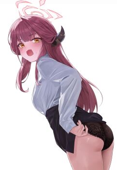 Rule 34 | 1girl, absurdres, aru (blue archive), ass, black horns, black panties, black skirt, blue archive, blush, breasts, clothes lift, collared shirt, commentary request, demon girl, demon horns, fang, halo, highres, horns, long hair, looking at viewer, manjie, medium breasts, open mouth, panties, red hair, red halo, shirt, simple background, skin fang, skirt, skirt lift, solo, underwear, very long hair, white background, white shirt, yellow eyes