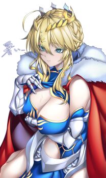 Rule 34 | 1girl, absurdres, ahoge, artoria pendragon (fate), artoria pendragon (lancer) (fate), artoria pendragon (lancer) (third ascension) (fate), bare shoulders, blonde hair, blue gloves, blue leotard, braid, breasts, cape, cleavage, cleavage cutout, clothing cutout, commentary request, crown, elbow gloves, fate/grand order, fate (series), fur-trimmed cape, fur trim, gloves, gold trim, green eyes, hair between eyes, highleg, highleg leotard, highres, kachihokori satake, large breasts, leotard, long hair, red cape, sidelocks, solo
