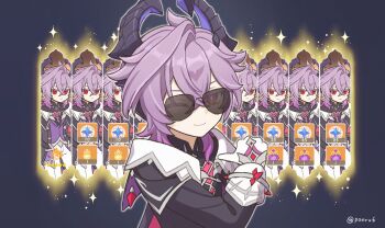 Rule 34 | 1boy, ;), black horns, bright pupils, coat, commentary request, crossed bangs, dragon horns, fake screenshot, gacha (game mechanic), gameplay mechanics, genshin impact, gloves, hair between eyes, hair intakes, highres, horns, long hair, long sleeves, looking at viewer, male focus, mini durin (genshin impact), mini durin (human) (genshin impact), multicolored horns, one eye closed, panri, pointing, pointing at self, purple hair, purple horns, red eyes, slit pupils, smile, solo, sunglasses, two-tone horns, upper body, white pupils