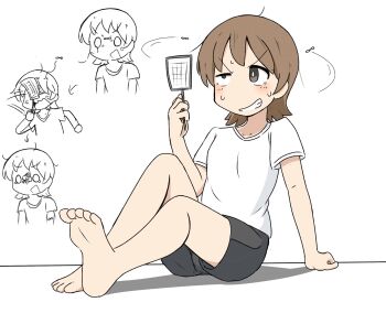 1girl aioi_yuuko anger_vein bandaid barefoot bigmicro4712 black_shorts brown_eyes brown_hair bug commentary_request flyswatter highres insect mosquito nichijou o_o on_floor open_mouth shirt short_hair shorts sketch_inset sweat t-shirt tearing_up white_shirt