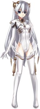 1girl ar_tonelico ar_tonelico_i blue_eyes bodysuit boots braid breasts clenched_hand cross_edge female_focus full_body gloves gust hair_ornament hand_on_own_chest highres hirano_katsuyuki leotard long_hair looking_at_viewer official_art parted_lips see-through_clothes shurelia_(ar_tonelico) simple_background small_breasts solo thigh_boots thighhighs twin_braids very_long_hair white_background white_boots white_hair white_thighhighs
