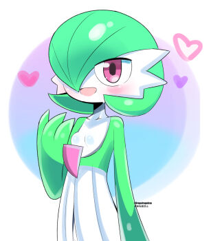 1girl arm_at_side artist_name blue_background bob_cut breasts collarbone colored_skin dragodragodran female_focus gardevoir gen_3_pokemon green_hair green_skin hair_over_one_eye hand_up happy heart looking_at_viewer multicolored_skin nintendo one_eye_covered open_mouth pokemon pokemon_(creature) purple_background red_eyes short_hair small_breasts smile solo standing twitter_username two-tone_background two-tone_skin upper_body watermark white_skin