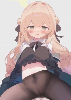 1girl absurdres black_pantyhose black_ribbon black_skirt blonde_hair blue_archive blush brown_eyes clothes_lift double_bun groin hair_bun halo highres ichibanboshi_yuzu lifting_own_clothes loli long_hair navel no_panties open_mouth pantyhose professor_niyaniya_(blue_archive) pussy ribbon shirt sitting skirt skirt_lift solo stomach thighs white_shirt