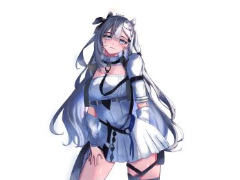 Rule 34 | 1girl, absurdres, artist name, belt, blue eyes, blush, braid, breasts, cone hair bun, double bun, dress, earrings, elbow cutout, grey hair, hair bun, hair ornament, highres, hololive, hololive indonesia, jewelry, lenix, long hair, looking at viewer, pleated dress, pouch, ribbon, simple background, solo, thigh pouch, thigh strap, thighs, vestia zeta, vestia zeta (1st costume), virtual youtuber, white dress