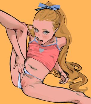 1girl alice_(alice_in_wonderland) blonde_hair blue_eyes blue_ribbon blush bow clothing_aside eyelashes female_focus hd21242r2 highres kneepits leg_up loli long_hair looking_at_viewer navel open_mouth orange_background panties panties_aside pussy ribbon simple_background solo tank_top teasing tongue tongue_out uncensored underwear white_panties