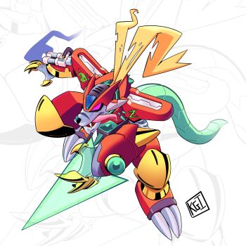 Rule 34 | absurdres, arm blade, arm cannon, armor, blonde hair, digimon, digimon (creature), energy sword, forehead jewel, full body, fusion, helmet, highres, kaustubh!, long hair, mega man (series), mega man zero (series), purple eyes, red armor, red helmet, simple background, solo, sword, weapon, weregarurumon, white background, wolf, zero(z) (mega man), zero (mega man)