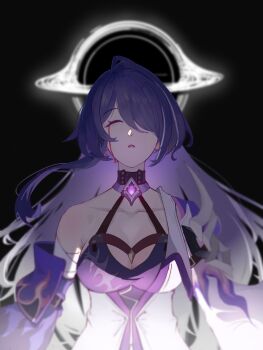 1girl acheron_(honkai:_star_rail) armor bandages black_background black_hole blood bloody_tears breasts buckle choker cleavage closed_eyes collarbone commentary crop_top detached_sleeves earrings english_commentary flame_print gradient_hair hair_over_one_eye highres honkai:_star_rail honkai_(series) jacket jewelry long_hair multicolored_hair open_clothes open_jacket parted_lips purple_hair shoulder_armor single_bare_shoulder single_detached_sleeve single_earring strap tekumifu very_long_hair white_streaks