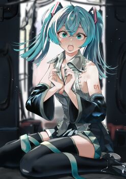 Rule 34 | 1girl, aqua eyes, aqua hair, aqua nails, aqua necktie, bare shoulders, black shoes, black skirt, black sleeves, black thighhighs, blurry, blurry background, breasts, cable, collared shirt, commentary request, crossed bangs, depth of field, detached sleeves, embarrassed, grey shirt, hatsune miku, highres, hxk4 n, long hair, looking at viewer, necktie, nice knee socks day, number tattoo, open mouth, outdoors, pleated skirt, shirt, shoes, shoulder tattoo, sidelocks, sitting, skirt, sleeveless, sleeveless shirt, solo, tattoo, teeth, thighhighs, twintails, undressing, upper teeth only, vocaloid, wariza, white shirt, zettai ryouiki