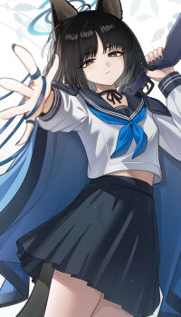 1girl absurdres animal_ears arisaka black_choker black_eyes black_hair black_nails blue_archive blue_halo blue_haori blue_neckerchief blue_sailor_collar blue_skirt blue_string bolt_action bright_pupils cat_ears cat_girl cat_tail choker commentary_request cowboy_shot gun halo haori haori_on_shoulders highres holding holding_gun holding_weapon japanese_clothes junsanholo kikyou_(blue_archive) leaf leaf_background long_sleeves looking_at_viewer midriff_peek miniskirt neckerchief reaching reaching_towards_viewer ribbon_choker rifle sailor_collar school_uniform serafuku shirt short_hair skirt solo tail weapon white_background white_pupils white_shirt