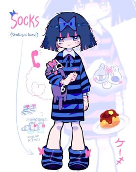 blue_bow blue_eyes blue_hair blue_ribbon bow bracelet cat food gun hair_bow handgun highres honekoneko_(psg) jewelry multicolored_hair non-web_source panty_&amp;_stocking_with_garterbelt phone pink_hair pink_streaks pudding ribbon shirt short_hair socks stocking_(psg) streaked_hair striped_clothes striped_shirt striped_socks stuffed_animal stuffed_cat stuffed_toy weapon