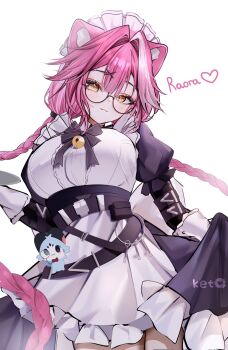 Rule 34 | 1girl, absurdres, animal ear fluff, animal ears, apron, artist name, bell, belt, black belt, black bow, black bowtie, black dress, bow, bowtie, braid, breasts, character name, closed mouth, commentary, dress, english commentary, glasses, gloves, hair intakes, heart, highres, hololive, hololive english, ketyuiqu, keyring, maid headdress, multicolored hair, panther ears, panther girl, pink hair, raora panthera, raora panthera (maid), semi-rimless eyewear, solo, streaked hair, twin braids, virtual youtuber, white apron, white background, white gloves, white hair, yellow eyes