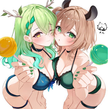 2girls ;) absurdres animal_ears antlers asymmetrical_docking bikini black_choker blue_bikini braid braided_bangs breast_press breasts brown_hair ceres_fauna cheek-to-cheek choker cleavage commentary crossed_bangs double-parted_bangs earrings english_commentary feeding_viewer flower food front-tie_bikini_top front-tie_top gradient_hair green_bikini green_eyes green_hair green_nails hair_between_eyes hair_flower hair_ornament hair_over_one_eye hair_ribbon heads_together highres holding holding_food holding_popsicle hololive hololive_english horns indie_virtual_youtuber jewelry large_breasts leaning_forward long_hair mole mole_under_eye multicolored_hair multiple_girls nail_polish nimi_nightmare one_eye_closed one_side_up open_mouth popsicle psypolo_d ribbon short_hair simple_background smile star_(symbol) star_earrings swimsuit tapir_ears tapir_girl thigh_strap virtual_youtuber voice_actor_connection white_background white_ribbon yellow_eyes