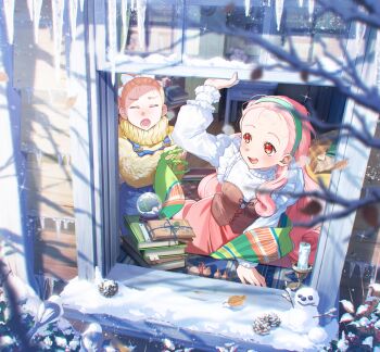 2girls absurdres bangs_pinned_back bare_tree bird blue_overalls blush bokujou_monogatari bokujou_monogatari_2 book book_stack bow brown_corset candle candlestand closed_eyes cold corset cross-laced_clothes cross-laced_top embroidery flower forehead green_hairband hair_bow hairband highres icicle leaf long-tailed_tit mail multiple_girls nose_blush nshi open_mouth open_window orange_hair overalls picture_frame pinecone pink_flower pink_hair pink_rose pink_skirt popuri_(bokujou_monogatari) postage_stamp ran_(bokujou_monogatari) red_eyes rose rug self_hug skirt slice_of_life smile snow snow_globe snow_on_tree snowman sparkle sweater table teeth tit_(bird) tree upper_teeth_only white_bow white_sweater window winter wooden_wall yellow_sweater