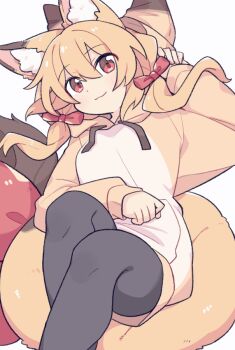 1girl :3 animal_ear_fluff animal_ears black_pantyhose blonde_hair blush bow closed_mouth double-parted_bangs drawstring feet_out_of_frame fox_ears fox_girl fox_tail hair_between_eyes hair_bow hand_up hood hood_down hoodie long_hair long_sleeves looking_at_viewer low_twintails original pantyhose red_bow red_eyes simple_background sitting sitting_on_tail smile solo suzuno_(suzuno3110) tail tail_bow tail_ornament twintails white_background yellow_hoodie