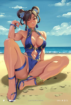 alternate_costume ass beach between_labia blue_one-piece_swimsuit bracelet braid braided_hair_rings breasts brown_hair cameltoe capcom chun-li cleavage covered_erect_nipples curvy double_bun flower full_body hair_bun hair_flower hair_ornament hair_rings highleg highleg_one-piece_swimsuit highres huge_ass jewelry laditos_baldosa large_breasts looking_at_viewer official_alternate_costume official_alternate_hairstyle one-piece_swimsuit smile street_fighter street_fighter_6 swimsuit thighs thong_one-piece_swimsuit wide_hips