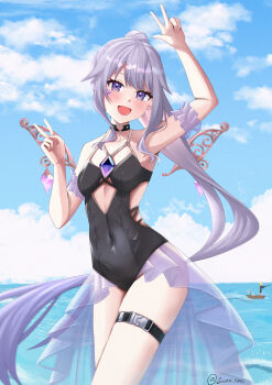 2girls :d absurdres arm_up azurarts black_one-piece_swimsuit blue_sky breasts chest_jewel choker cloud cloudy_sky fishing gem heart heart_choker high_ponytail highres hololive hololive_english hololive_indonesia jewel_under_eye kaela_kovalskia koseki_bijou koseki_bijou_(holonatsu_paradise) long_hair looking_at_viewer metal_wings multiple_girls ocean official_alternate_costume official_alternate_hairstyle one-piece_swimsuit open_mouth ponytail purple_eyes purple_gemstone sky small_breasts smile solo_focus swimsuit thigh_strap v very_long_hair virtual_youtuber w