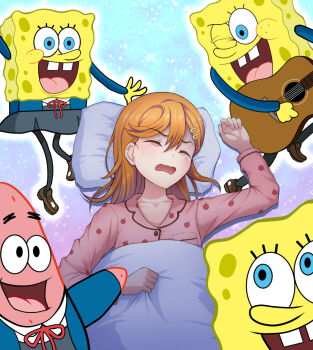 1girl 2boys acoustic_guitar apple_print black_pantyhose blue_eyes blue_jacket bo_(bo) brown_footwear buck_teeth closed_eyes commentary_request commission crossover food_print fruit_print full_body grey_skirt guitar instrument jacket loafers love_live! love_live!_superstar!! medium_hair meme multiple_boys neck_ribbon nightmare one_eye_closed open_mouth orange_hair pajamas pantyhose patrick_star pillow pink_pajamas red_ribbon ribbon school_uniform shibuya_kanon shoes skeb_commission skirt sleeping spongebob_squarepants spongebob_squarepants_(series) teeth two_soyjaks_pointing_(meme) upper_body what yuigaoka_school_uniform
