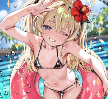 1girl arm_up bare_arms bare_shoulders bikini black_bikini blonde_hair blue_eyes commentary_request cowboy_shot dot_nose flower grin hair_flower hair_ornament hibiscus holding holding_swim_ring innertube kink_(tortoiseshell) leaning_forward loli long_hair looking_at_viewer lowres navel one_eye_closed original outdoors red_flower salute shiny_clothes side-tie_bikini_bottom smile solo sparkle splashing straight_hair swim_ring swimsuit twintails water