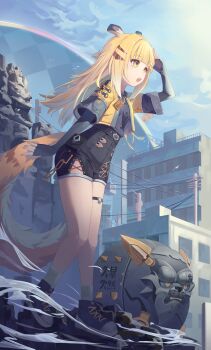 Rule 34 | 1girl, absurdres, animal ears, black shirt, black shoes, black shorts, blonde hair, blush, commentary, fingerless gloves, gloves, green eyes, high-waist shorts, highres, jacket, ju fufu, korean commentary, manpo, open clothes, open jacket, open mouth, shirt, shoes, shorts, sneakers, socks, solo, tail, thigh strap, tiger ears, tiger girl, tiger tail, white socks, yellow jacket, zenless zone zero
