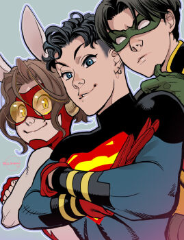 3boys animal_ears aqua_eyes bart_allen black_hair blank_eyes blue_background bodysuit brown_hair crossed_arms curly_hair dc_comics earrings eyelashes fingerless_gloves gloves goggles hand_on_own_chin impulse jewelry kon-el lips looking_down male_focus messy_hair multiple_boys muscular parted_lips rabbit_ears red_gloves ricken robin_(dc) signature simple_background skin_tight superboy superhero_costume tim_drake young_justice
