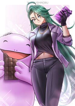 Rule 34 | 1girl, absurdres, alternate color, black gloves, black shirt, bright pupils, brown eyes, buttons, candy, chocolate, chocolate bar, closed mouth, earrings, food, gen 2 pokemon, gift, glint, gloves, green hair, hair between eyes, highres, holding, holding gift, jacket, jewelry, katou shinobu, long hair, navel, necklace, nintendo, official alternate costume, open clothes, open jacket, pants, pokemon, pokemon (creature), pokemon masters ex, purple jacket, quagsire, rika (palentine's 2026) (pokemon), rika (pokemon), shiny pokemon, shirt, smile