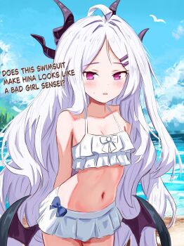 1girl absurdres ahoge alternate_costume arms_behind_back beach bikini blue_archive blue_sky breasts cloud commentary_request cowboy_shot day demon_girl demon_horns demon_wings flygombal frilled_bikini frills highres hina_(blue_archive) horns long_hair low_wings navel ocean outdoors simple_bird sky small_breasts solo standing swimsuit very_long_hair white_bikini white_hair wings