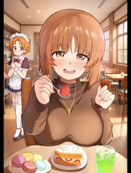 2girls alternate_costume apron black_shoes blue_eyes blush bow breasts brown_eyes brown_hair cake cake_slice chaarai chair collar commentary_request day dessert food girls_und_panzer glasses highres holding holding_spoon holding_tray indoors jewelry large_breasts looking_at_another maid maid_apron maid_headdress multiple_girls nishizumi_miho open_mouth orange_hair orange_pekoe_(girls_und_panzer) pov red_bow restaurant shoes short_hair sitting spoon standing sweater table teeth thighhighs tray upper_teeth_only white_thighhighs window